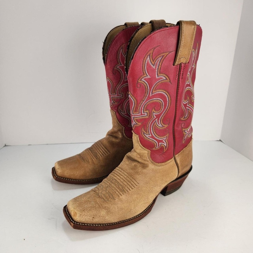 Justin Women's 7.5 B Western Cowboy Boots Tan Red Leather Square Toe Embroidered